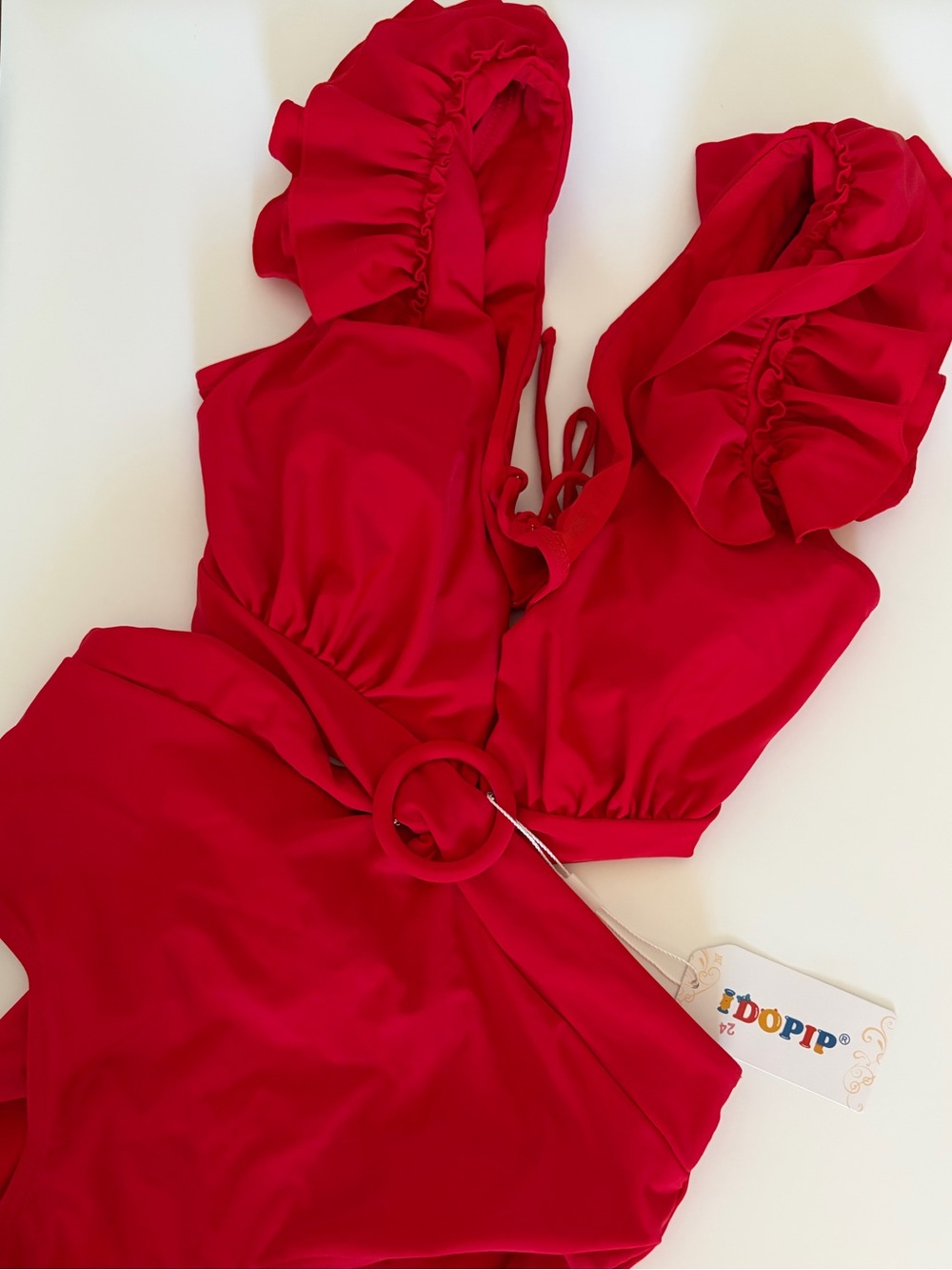 Red Ruffle Shoulder Cutout One-Piece Swimsuit NEW Medium - Picture 4 of 10